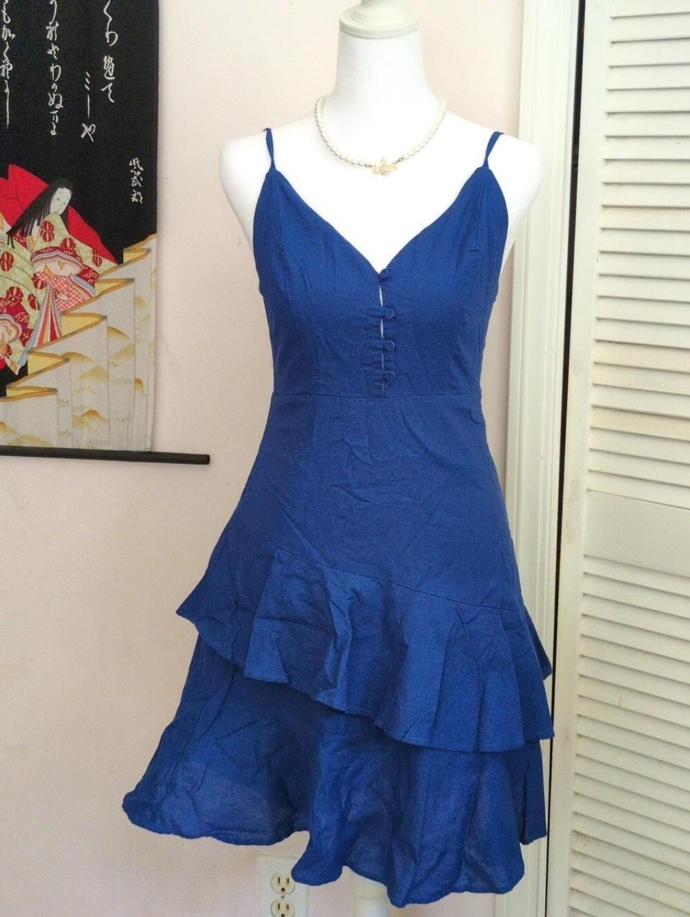 Lulu's Cobalt Blue Linen Blend Spaghetti-Strap Tiered Ruffle Mini Dress